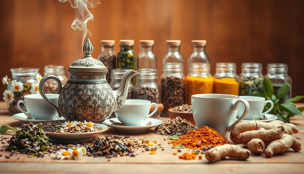A beautifully arranged still life of an assortment of herbal teas for pain relief. In the foreground, an ornate ceramic teapot sits atop a wooden table, steam rising from its spout. Surrounding it are various tea cups, saucers, and loose-leaf herbs such as chamomile, ginger, and turmeric. In the middle ground, a collection of jars and bottles filled with dried herbs and extracts are neatly displayed. The background features a soft, warm lighting that casts a gentle glow, creating a serene and inviting atmosphere. The overall composition emphasizes the natural, holistic approach to pain management through the use of herbal remedies.