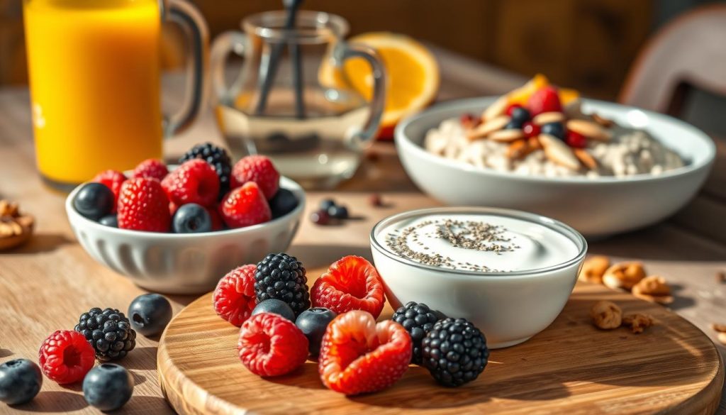 A beautifully lit breakfast table showcasing an array of immune-boosting ingredients. In the foreground, a wooden board displays a selection of fresh berries - plump blueberries, juicy raspberries, and vibrant blackberries. Nearby, a bowl of creamy Greek yogurt is topped with a drizzle of honey and a sprinkle of chia seeds. In the middle ground, a pitcher of freshly squeezed orange juice reflects the warm, golden lighting. In the background, a plate of steaming oatmeal is garnished with sliced almonds, a scattering of goji berries, and a handful of chopped walnuts. The overall scene exudes a sense of nourishment and vitality, inviting the viewer to savor a wholesome, immunity-boosting start to the day. A beautifully lit breakfast table showcasing an array of immune-boosting ingredients. In the foreground, a wooden board displays a selection of fresh berries - plump blueberries, juicy raspberries, and vibrant blackberries. Nearby, a bowl of creamy Greek yogurt is topped with a drizzle of honey and a sprinkle of chia seeds. In the middle ground, a pitcher of freshly squeezed orange juice reflects the warm, golden lighting. In the background, a plate of steaming oatmeal is garnished with sliced almonds, a scattering of goji berries, and a handful of chopped walnuts. The overall scene exudes a sense of nourishment and vitality, inviting the viewer to savor a wholesome, immunity-boosting start to the day.