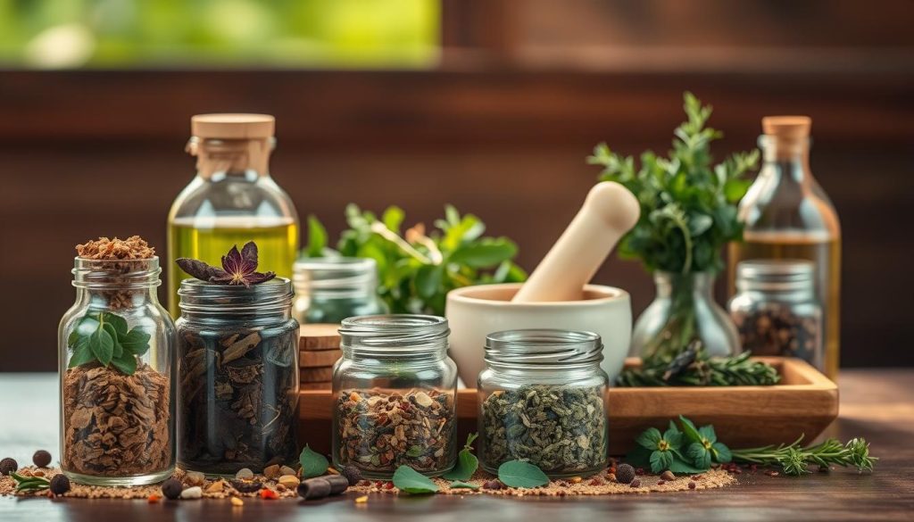 A beautifully lit still life featuring an arrangement of various herbal detox products. In the foreground, an assortment of glass jars and bottles filled with dried herbs, leaves, and flowers in earthy tones. In the middle ground, a wooden tray holding a mortar and pestle, a ceramic bowl, and a bundle of fresh herbs. The background is blurred, but suggests a serene, natural setting, perhaps with a hint of greenery or a wooden surface. The lighting is soft and warm, creating a calming, spa-like atmosphere. The overall composition is balanced and visually appealing, showcasing the natural beauty and wellness-focused aesthetic of the herbal detox products. A beautifully lit still life featuring an arrangement of various herbal detox products. In the foreground, an assortment of glass jars and bottles filled with dried herbs, leaves, and flowers in earthy tones. In the middle ground, a wooden tray holding a mortar and pestle, a ceramic bowl, and a bundle of fresh herbs. The background is blurred, but suggests a serene, natural setting, perhaps with a hint of greenery or a wooden surface. The lighting is soft and warm, creating a calming, spa-like atmosphere. The overall composition is balanced and visually appealing, showcasing the natural beauty and wellness-focused aesthetic of the herbal detox products.
