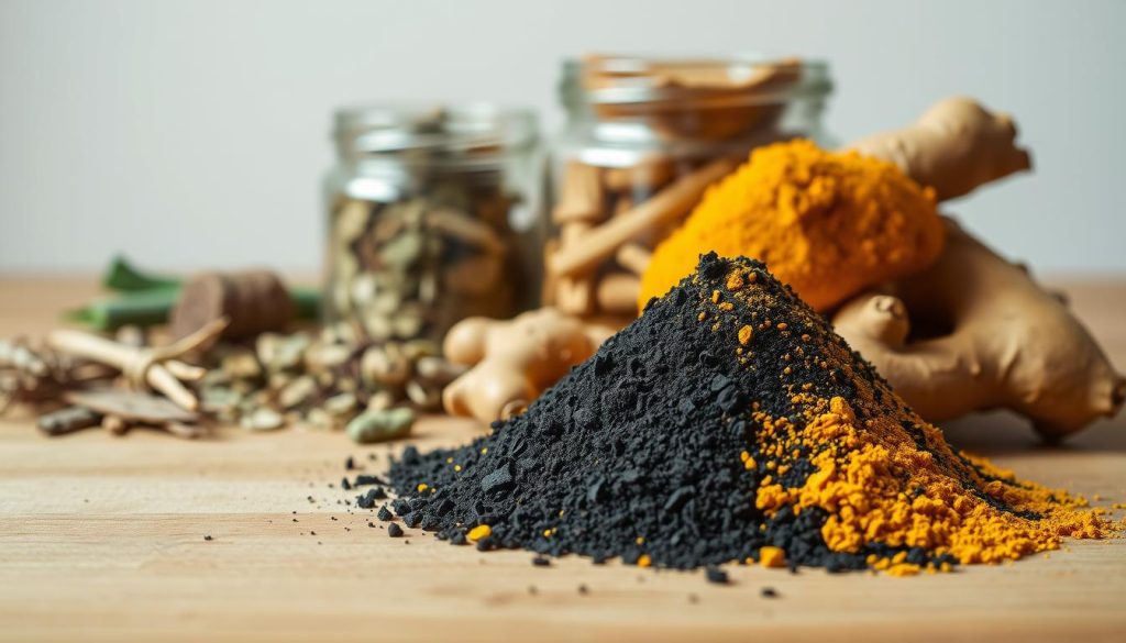 A close-up view of a wooden table showcasing an assortment of gut detox powder ingredients. In the foreground, a pile of organic turmeric root, ginger root, and activated charcoal powder are neatly arranged. In the middle ground, there are glass jars containing loose-leaf herbs like dandelion root, milk thistle, and burdock root. The background features a neutral, soft-focus backdrop that emphasizes the natural, earthy tones of the ingredients. The lighting is natural and diffused, creating a warm, inviting atmosphere that highlights the texture and color of the powders and herbs. The composition is balanced and minimalist, allowing the key ingredients to be the focal point. A close-up view of a wooden table showcasing an assortment of gut detox powder ingredients. In the foreground, a pile of organic turmeric root, ginger root, and activated charcoal powder are neatly arranged. In the middle ground, there are glass jars containing loose-leaf herbs like dandelion root, milk thistle, and burdock root. The background features a neutral, soft-focus backdrop that emphasizes the natural, earthy tones of the ingredients. The lighting is natural and diffused, creating a warm, inviting atmosphere that highlights the texture and color of the powders and herbs. The composition is balanced and minimalist, allowing the key ingredients to be the focal point.