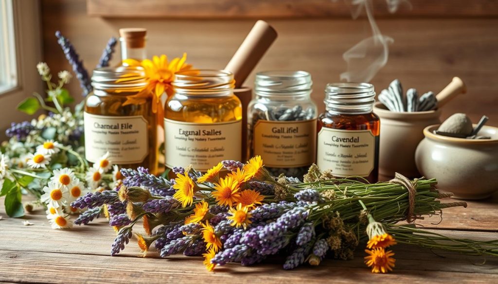 A serene herbal still life showcasing various medicinal plants and wellness accessories. In the foreground, an arrangement of dried chamomile, lavender, and calendula flowers, artfully placed on a rustic wooden surface. In the midground, glass jars filled with fragrant herbal tinctures and salves, their labels highlighting the plants' therapeutic properties. Behind them, a mortar and pestle, a diffuser emitting calming essential oils, and a small ceramic bowl with a smoldering bundle of sage. The scene is bathed in warm, natural lighting, creating a soothing, tranquil atmosphere that evokes a sense of safety and holistic well-being.