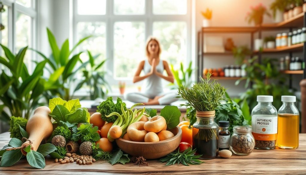 A serene, nature-inspired scene depicting the elements of a holistic gut health detox. In the foreground, an array of fresh produce and herbal supplements, artfully arranged on a wooden table. The middle ground showcases a person engaged in gentle yoga or meditation, surrounded by lush greenery and natural light filtering through large windows. In the background, shelves display gut-healing probiotics, digestive tonics, and other wellness products. The overall atmosphere evokes a sense of calm, balance, and inner restoration, complementing the article's focus on complementary lifestyle changes to support a gut detox. A serene, nature-inspired scene depicting the elements of a holistic gut health detox. In the foreground, an array of fresh produce and herbal supplements, artfully arranged on a wooden table. The middle ground showcases a person engaged in gentle yoga or meditation, surrounded by lush greenery and natural light filtering through large windows. In the background, shelves display gut-healing probiotics, digestive tonics, and other wellness products. The overall atmosphere evokes a sense of calm, balance, and inner restoration, complementing the article's focus on complementary lifestyle changes to support a gut detox.