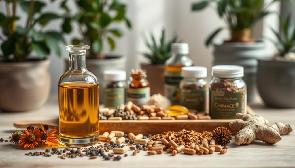 A still life arrangement showcasing an assortment of herbal immune system supplements. In the foreground, an elegant glass bottle filled with golden liquid tincture, accompanied by a scattering of dried herbs like echinacea, elderberry, and ginger root. In the middle ground, a wooden tray holds a variety of capsules, tablets, and powders in earthy tones. The background features a soft, blurred natural setting with potted plants and subtle lighting, creating a warm, calming atmosphere that evokes the restorative power of nature. A still life arrangement showcasing an assortment of herbal immune system supplements. In the foreground, an elegant glass bottle filled with golden liquid tincture, accompanied by a scattering of dried herbs like echinacea, elderberry, and ginger root. In the middle ground, a wooden tray holds a variety of capsules, tablets, and powders in earthy tones. The background features a soft, blurred natural setting with potted plants and subtle lighting, creating a warm, calming atmosphere that evokes the restorative power of nature.
