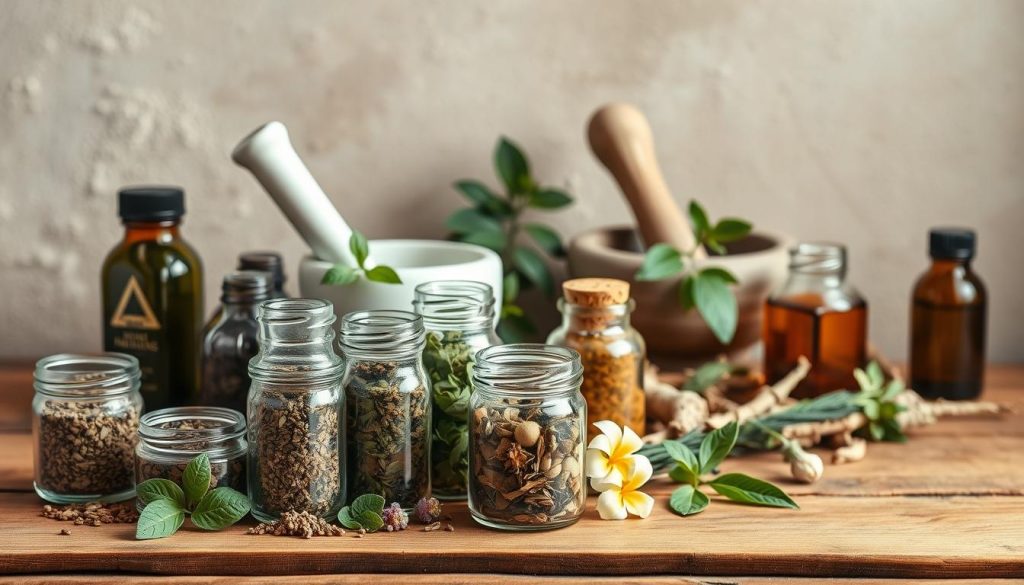 A still life of various herbal remedies for natural pain relief, shot in a warm, earthy tone with soft, directional lighting from the side. In the foreground, several glass jars filled with dried herbs and essential oils are arranged neatly on a wooden table. The middle ground features a mortar and pestle, along with a few fresh green leaves, flowers, and roots. In the background, a rustic, textured wall provides a neutral backdrop, emphasizing the organic, holistic nature of the scene. The overall composition conveys a sense of tranquility, simplicity, and the therapeutic power of nature's botanical solutions for alleviating discomfort.
