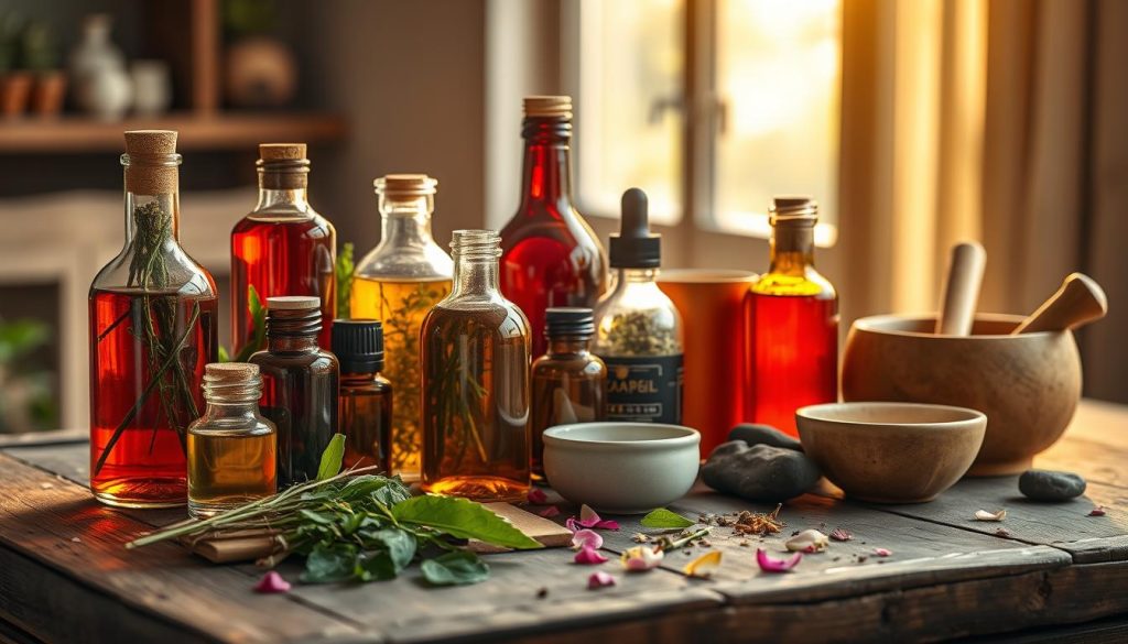 A stylish still life arrangement of various herbal detox products on a rustic wooden table, bathed in warm, golden lighting from a nearby window. In the foreground, an assortment of glass bottles, jars, and tinctures filled with vibrant, earthy-toned liquids, complemented by a bundle of fresh herbs, a mortar and pestle, and a few polished river stones. The middle ground features a few scattered leaves, flower petals, and a small ceramic bowl, hinting at the natural, holistic approach to herbal detoxification. The background is softly blurred, creating a sense of tranquility and focus on the carefully curated display of herbal remedies. A stylish still life arrangement of various herbal detox products on a rustic wooden table, bathed in warm, golden lighting from a nearby window. In the foreground, an assortment of glass bottles, jars, and tinctures filled with vibrant, earthy-toned liquids, complemented by a bundle of fresh herbs, a mortar and pestle, and a few polished river stones. The middle ground features a few scattered leaves, flower petals, and a small ceramic bowl, hinting at the natural, holistic approach to herbal detoxification. The background is softly blurred, creating a sense of tranquility and focus on the carefully curated display of herbal remedies.