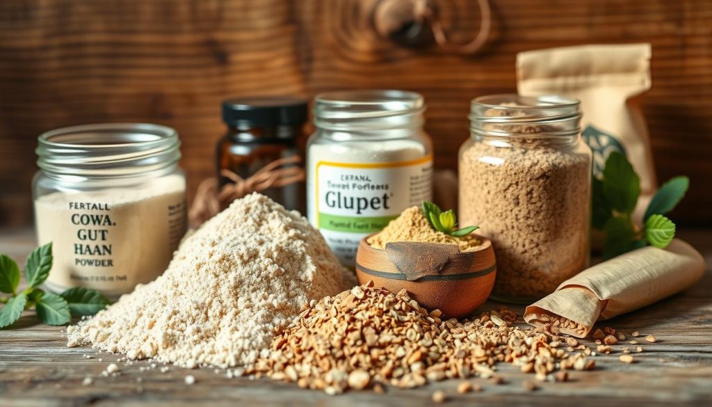High-quality, detailed closeup photograph of an assortment of effective gut health powders, presented in a natural, organic manner on a rustic wooden surface. The powders should be in various glass jars or paper sachets, with a focus on natural, wholesome ingredients such as probiotics, prebiotics, fiber, and detoxifying herbs. Soft, natural lighting illuminates the scene, emphasizing the purity and efficacy of the products. The image should convey a sense of wellness, balance, and the power of natural remedies for gut health and digestion. High-quality, detailed closeup photograph of an assortment of effective gut health powders, presented in a natural, organic manner on a rustic wooden surface. The powders should be in various glass jars or paper sachets, with a focus on natural, wholesome ingredients such as probiotics, prebiotics, fiber, and detoxifying herbs. Soft, natural lighting illuminates the scene, emphasizing the purity and efficacy of the products. The image should convey a sense of wellness, balance, and the power of natural remedies for gut health and digestion.