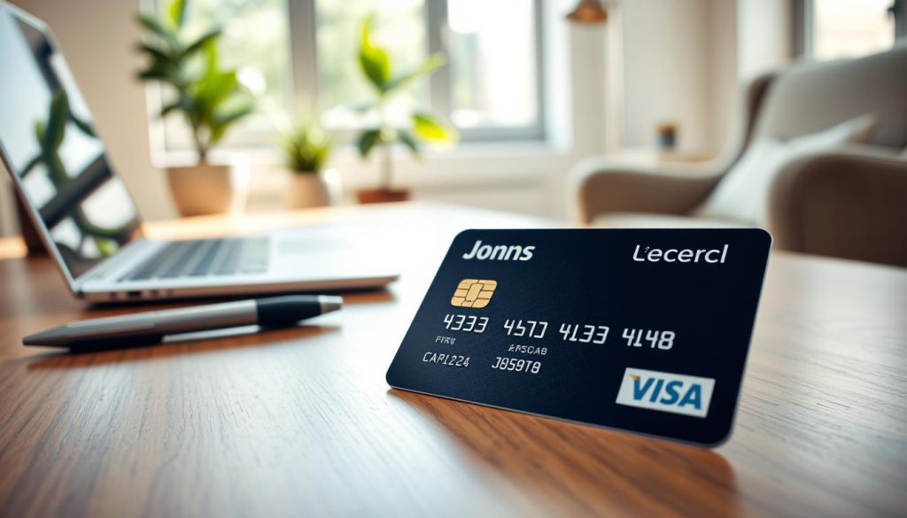 A close-up image of a shiny instant approval credit card resting on a sleek wooden desk. In the foreground, the card is the focal point, gleaming with a sophisticated design, featuring a prominent chip and elegant branding. The middle ground includes a stylish pen and an open laptop, suggesting an online application process. In the background, soft-focus elements like a potted plant and a cozy armchair create a warm, inviting office atmosphere. The lighting is bright yet soft, with natural sunlight streaming in through a window, casting gentle shadows that enhance the professional ambiance. The overall mood is one of empowerment and financial opportunity, perfect for attracting potential applicants.