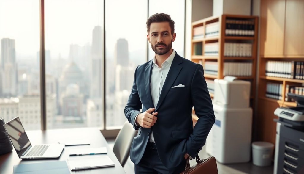 A corporate lawyer standing confidently in a modern office environment, wearing a tailored navy blue suit and a crisp white shirt, holding a briefcase. The foreground features the lawyer at a desk with legal documents and a laptop open, indicating a busy work atmosphere. In the middle ground, there are floor-to-ceiling windows showcasing a city skyline, with sunlight streaming in, illuminating the space. The background includes bookshelves filled with law books and a professional-grade printer. The mood is professional and focused, conveying a sense of reliability and expertise. The image should have a clean, sharp focus, with soft natural lighting to create an inviting yet serious ambiance.
