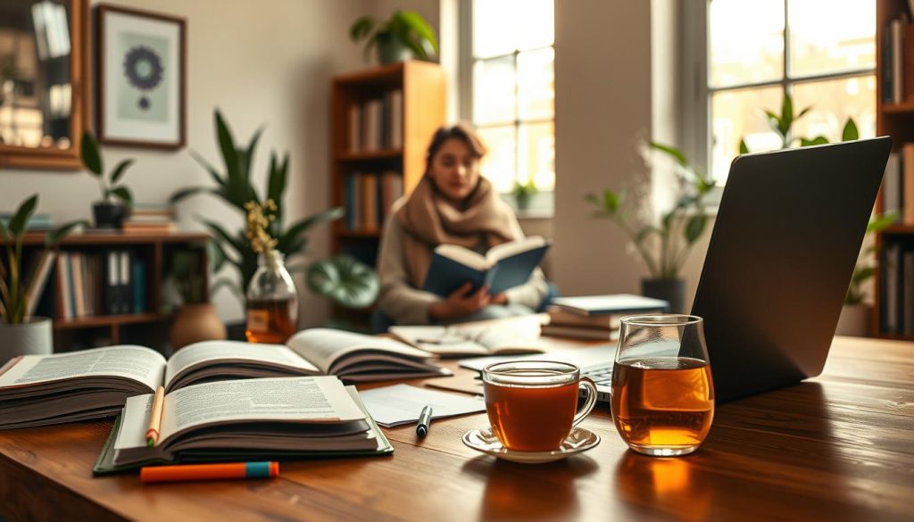 A peaceful study environment designed to enhance concentration. In the foreground, a wooden desk is filled with neatly arranged study materials: open textbooks, colorful highlighters, and a laptop with a focused screen. A steaming cup of herbal tea sits to the side, exuding warmth. In the middle ground, a student in a cozy yet professional outfit is seated, deeply engaged in their studies, with a look of concentration. Soft, natural light streams in through a large window, illuminating the scene and creating a calm atmosphere. In the background, a well-organized bookshelf lined with books adds depth, while indoor plants provide a touch of greenery, enhancing the tranquil mood and inviting focus in the study space.