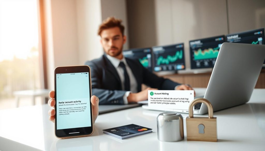 A professional individual, dressed in smart business attire, sits at a sleek desk, intently monitoring multiple financial account screens displaying graphs and notifications. In the foreground, a smartphone alert shows a real-time security message about account activity, emphasizing vigilance in fraud prevention. The middle ground features a well-organized workspace with a laptop, credit cards placed securely away, and a few security-related items like a lock and a padlock symbol to symbolize safety measures. The background includes a large window letting in soft, natural light, creating a calm and focused atmosphere. The overall mood is proactive and empowering, illustrating the importance of effectively monitoring accounts for financial security. The angle is slightly elevated, providing a clear view of both the individual and the workspace.