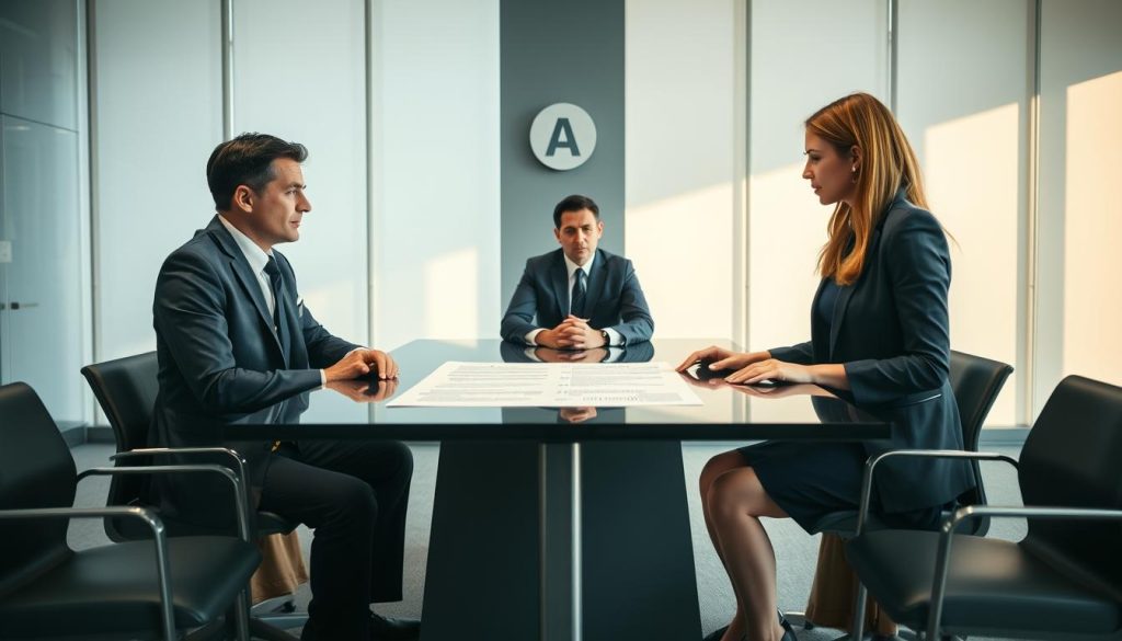 A professional office setting depicting a contract dispute resolution process. In the foreground, two individuals in business attire, a male attorney and a female attorney, are engaged in a focused discussion over a large contract on a sleek conference table. The middle layer features a mediator, a neutral figure, sitting between them, guiding the conversation with a calm demeanor. In the background, a large window allows natural light to flood the room, casting soft shadows and creating a warm, collaborative atmosphere. The color palette should include subtle blues and greys to evoke professionalism and trust. The image captures a sense of determination and cooperation, emphasizing the importance of resolving disputes amicably.