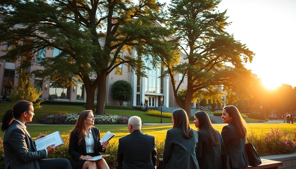 A stunning view of a prestigious university campus during the golden hour, showcasing an elegant blend of modern and classic architecture. In the foreground, a diverse group of students in professional business attire is engaged in deep conversation, with books and laptops open on a bench. The middle ground features an iconic university building with large glass windows reflecting the warm sunlight, surrounded by lush greenery and blooming flowers. In the background, tall trees sway gently, framing the scene with a sense of tranquility. Soft, diffused lighting enhances the welcoming atmosphere, while the angle captures a wide perspective, inviting viewers to envision themselves in this prestigious academic environment.