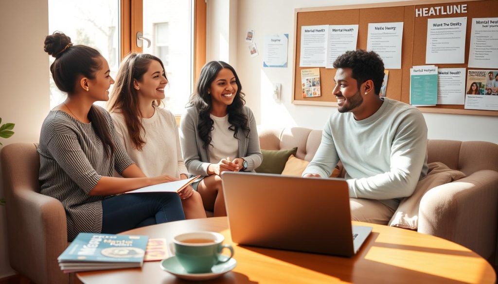 A warm and inviting study room scene, showcasing diverse students collaboratively discussing mental health resources. In the foreground, a round table with an open laptop, colorful brochures about mental health, and a steaming cup of tea, inviting comfort and care. The middle ground features three students—two female and one male—dressed in casual, professional attire, engaged in conversation, with smiles that convey support and understanding. Soft, natural lighting pours in through a window, creating an uplifting atmosphere. In the background, a bulletin board displays pinned resources like helpline numbers and wellness posters, enhancing the focus on building a mental health support network. The overall mood is one of collaboration, warmth, and encouragement.